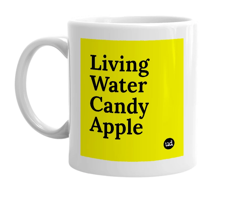 White mug with 'Living Water Candy Apple' in bold black letters