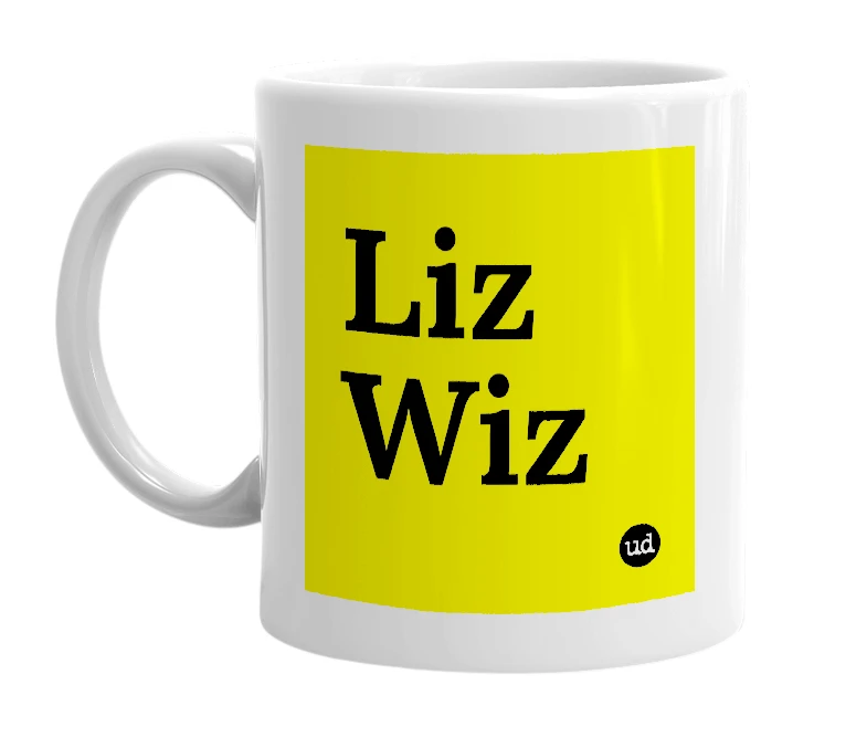White mug with 'Liz Wiz' in bold black letters