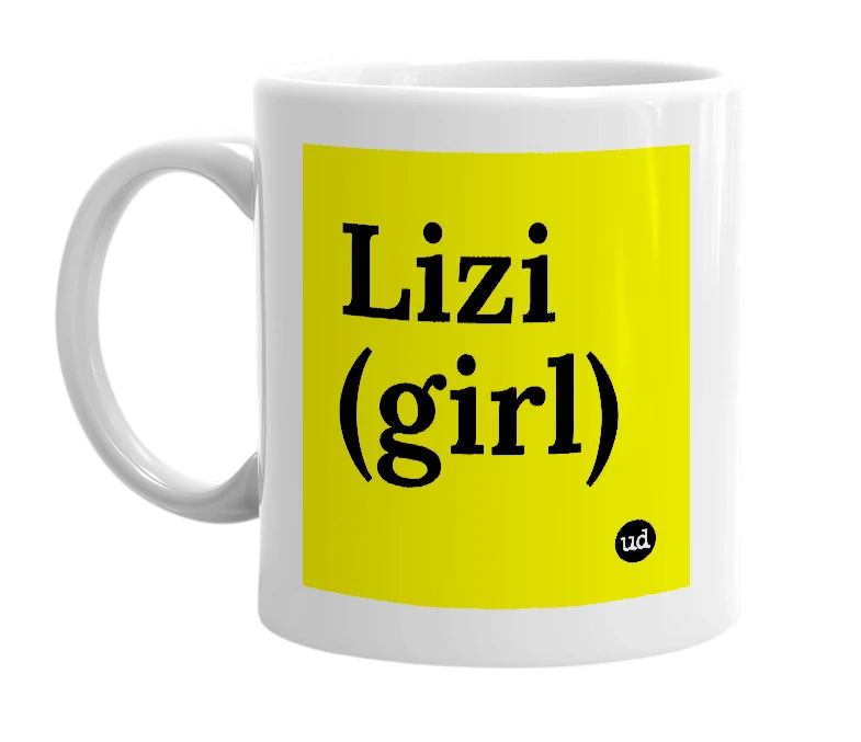 White mug with 'Lizi (girl)' in bold black letters