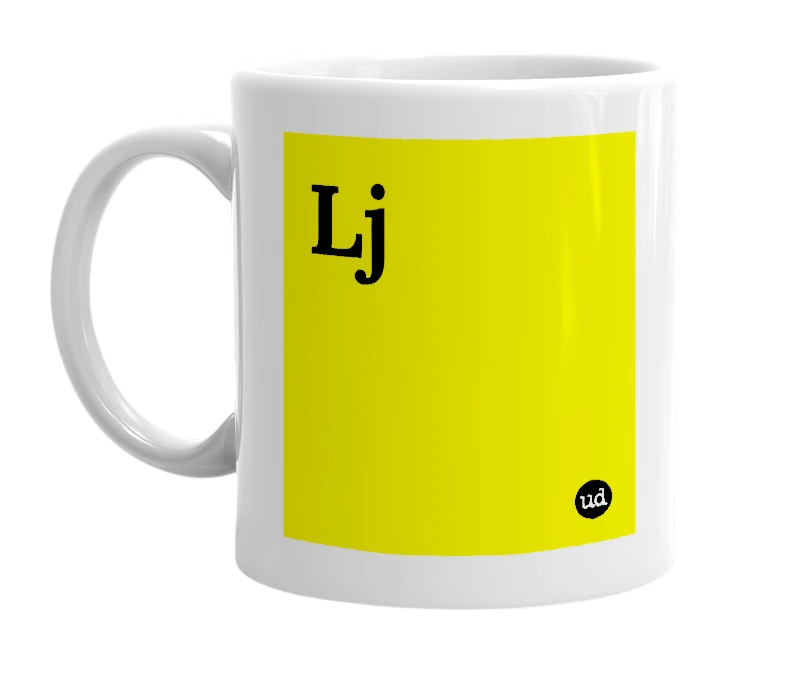 White mug with 'Lj' in bold black letters