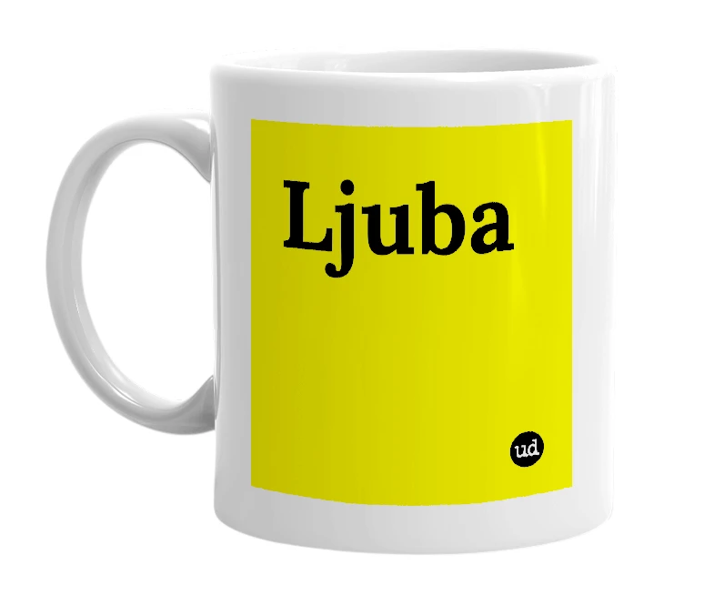 White mug with 'Ljuba' in bold black letters
