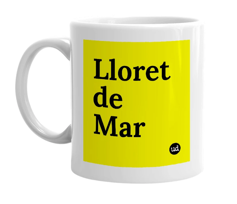 White mug with 'Lloret de Mar' in bold black letters