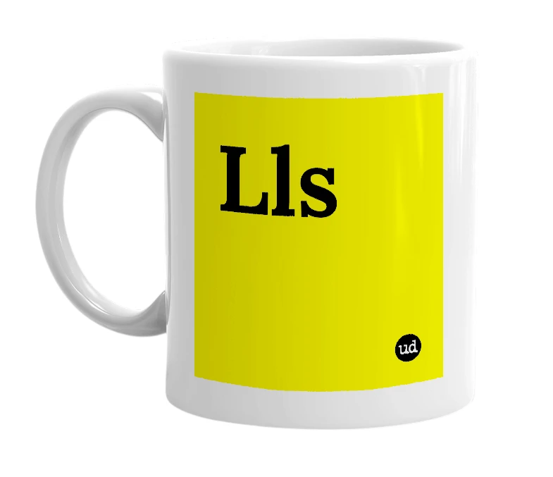 White mug with 'Lls' in bold black letters