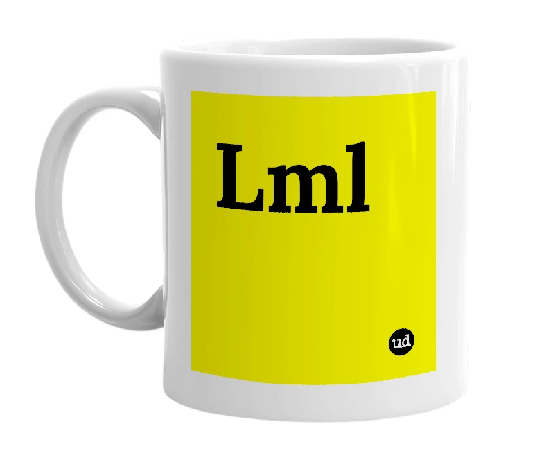 White mug with 'Lml' in bold black letters