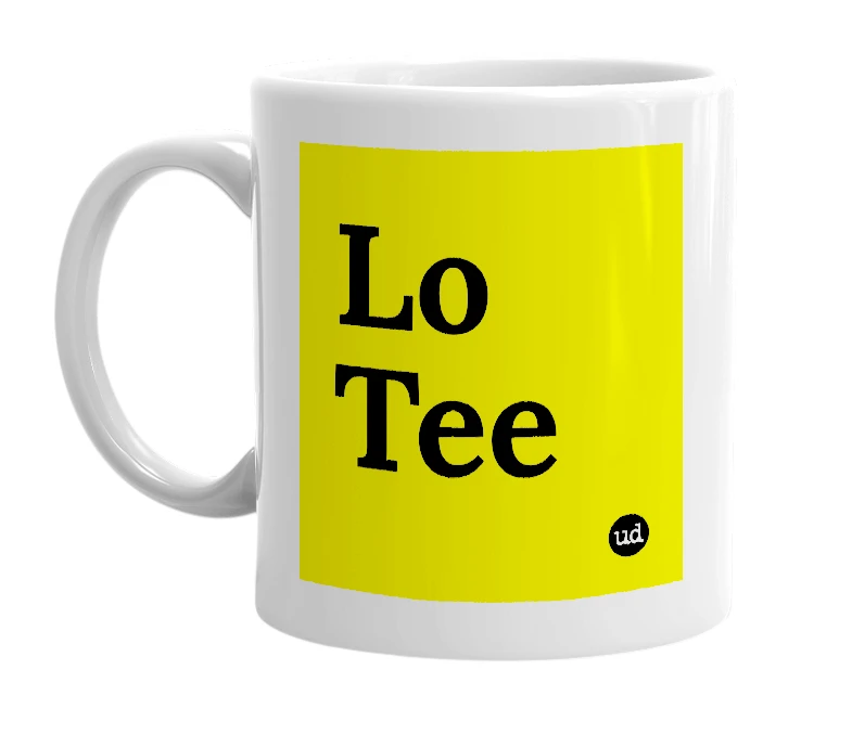 White mug with 'Lo Tee' in bold black letters