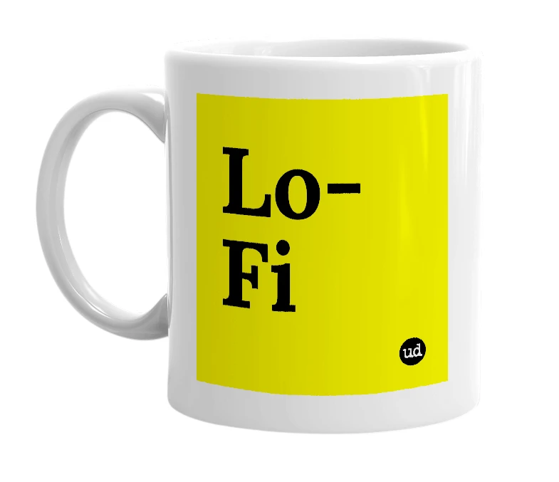 White mug with 'Lo-Fi' in bold black letters