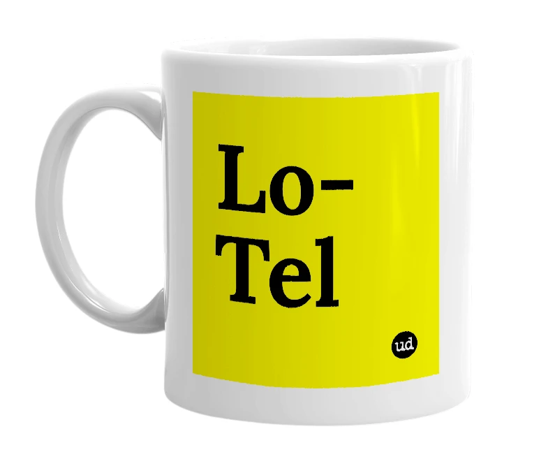 White mug with 'Lo-Tel' in bold black letters