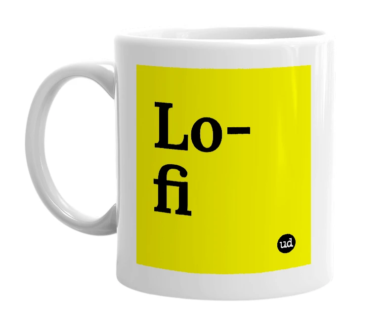 White mug with 'Lo-fi' in bold black letters