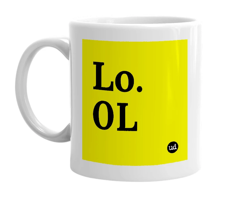 White mug with 'Lo.0L' in bold black letters