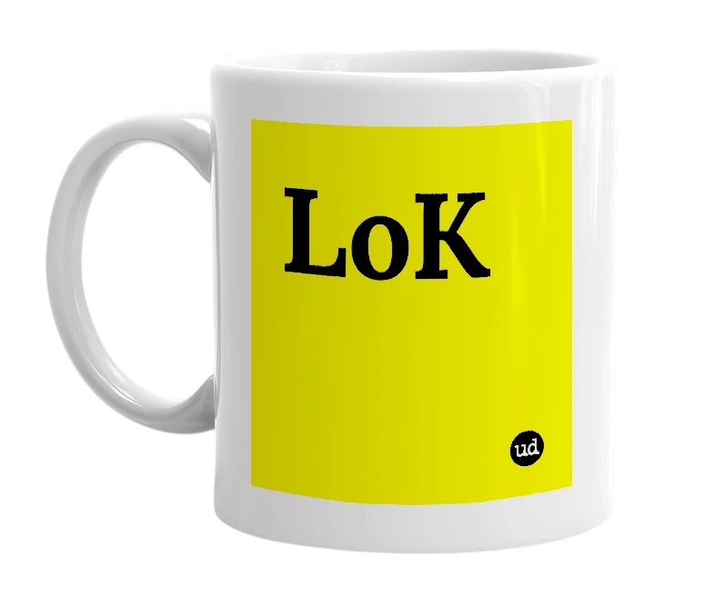 White mug with 'LoK' in bold black letters