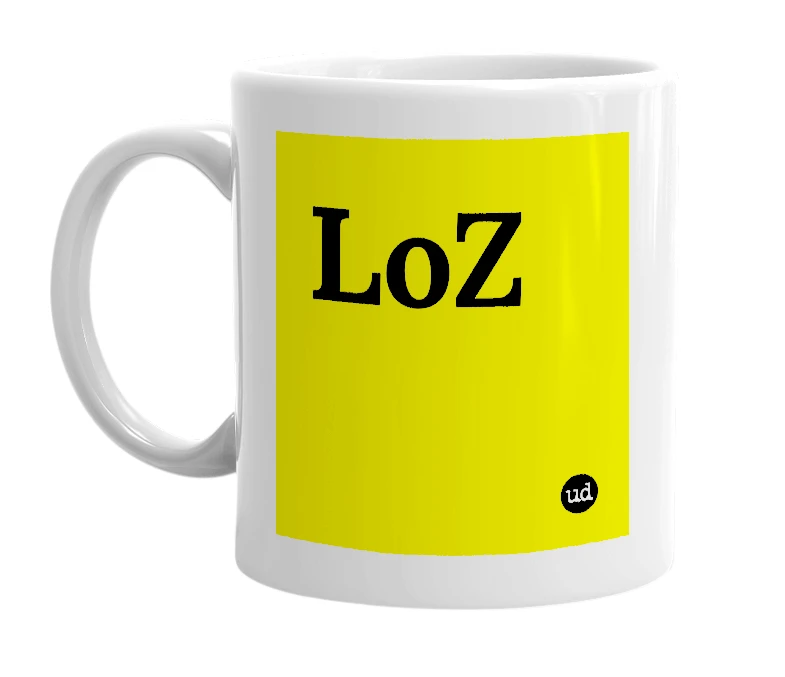 White mug with 'LoZ' in bold black letters