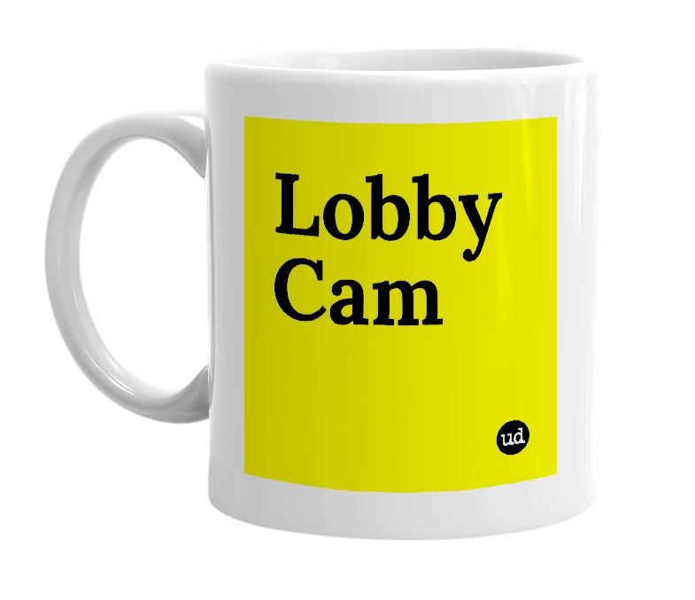White mug with 'Lobby Cam' in bold black letters