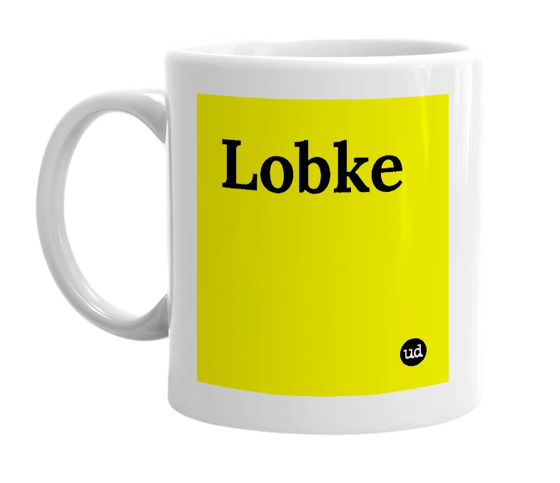 White mug with 'Lobke' in bold black letters
