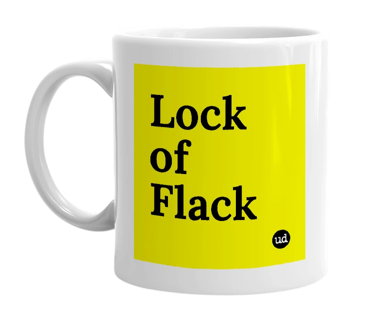 White mug with 'Lock of Flack' in bold black letters