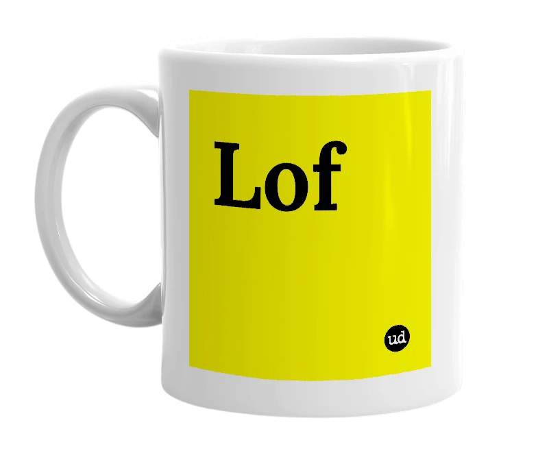 White mug with 'Lof' in bold black letters