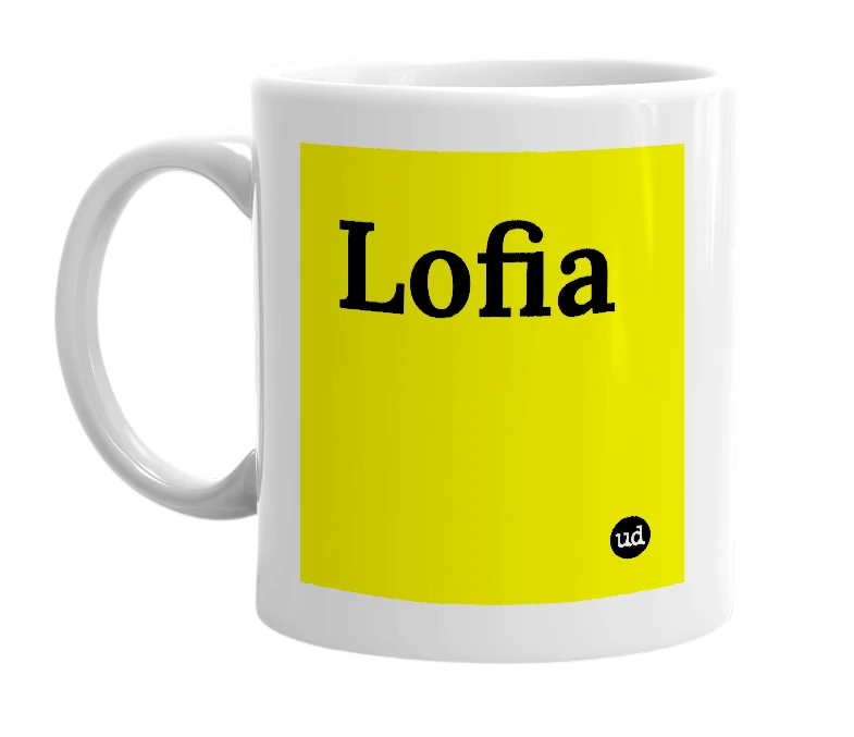 White mug with 'Lofia' in bold black letters