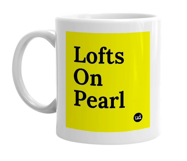 White mug with 'Lofts On Pearl' in bold black letters