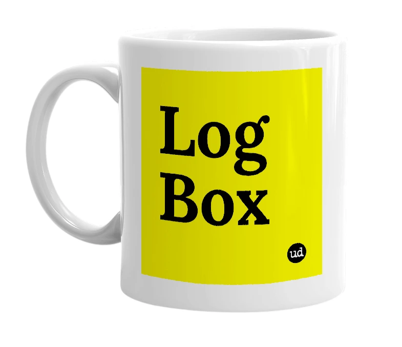 White mug with 'Log Box' in bold black letters