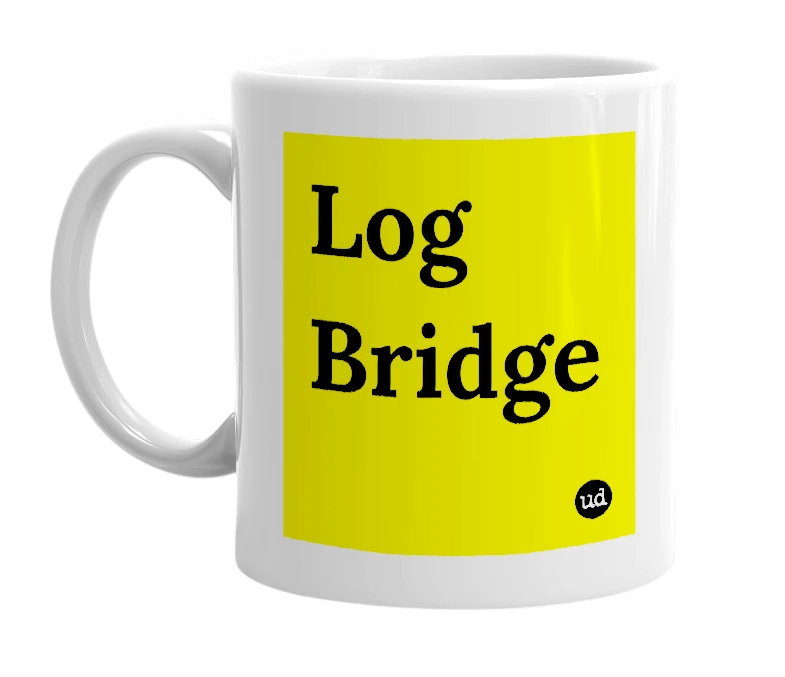 White mug with 'Log Bridge' in bold black letters