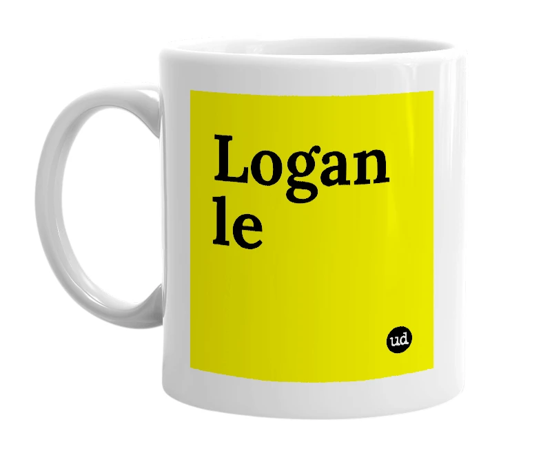 White mug with 'Logan le' in bold black letters