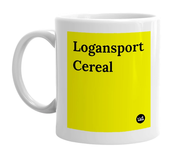 White mug with 'Logansport Cereal' in bold black letters