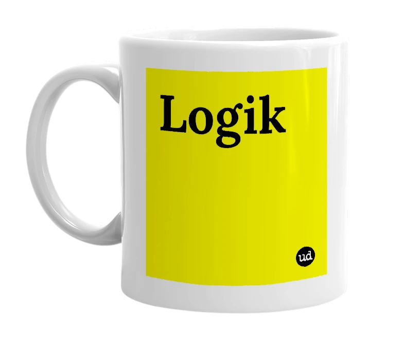White mug with 'Logik' in bold black letters