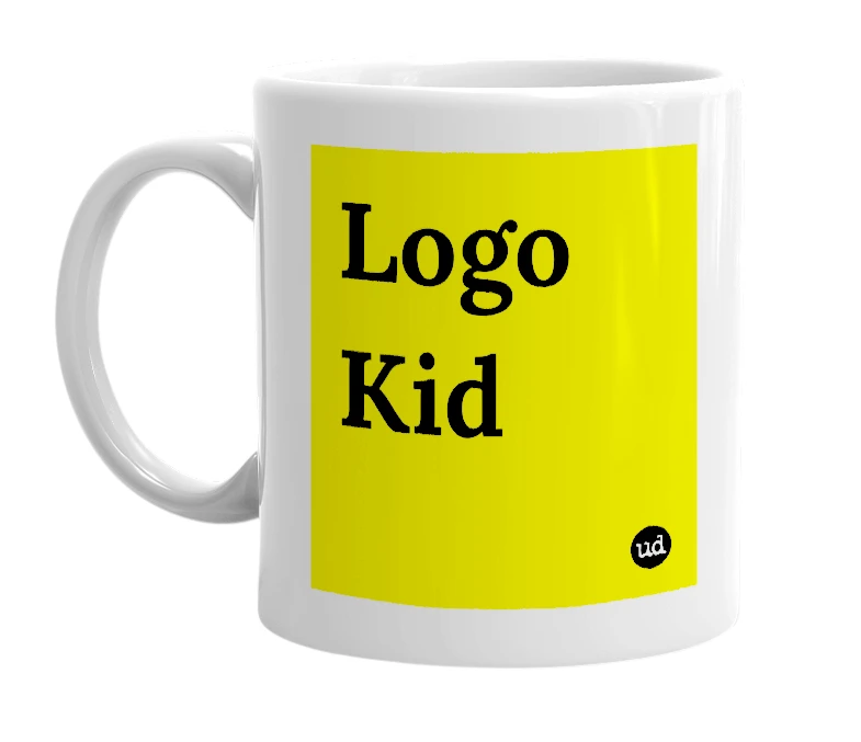 White mug with 'Logo Kid' in bold black letters