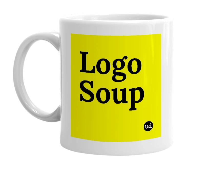 White mug with 'Logo Soup' in bold black letters