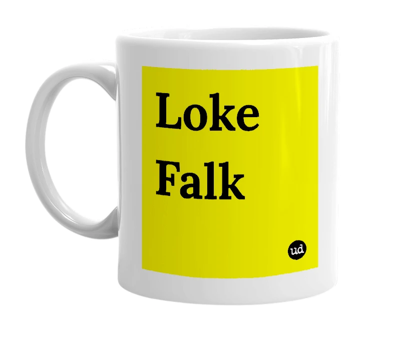 White mug with 'Loke Falk' in bold black letters