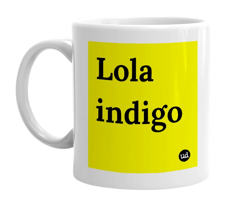 White mug with 'Lola indigo' in bold black letters