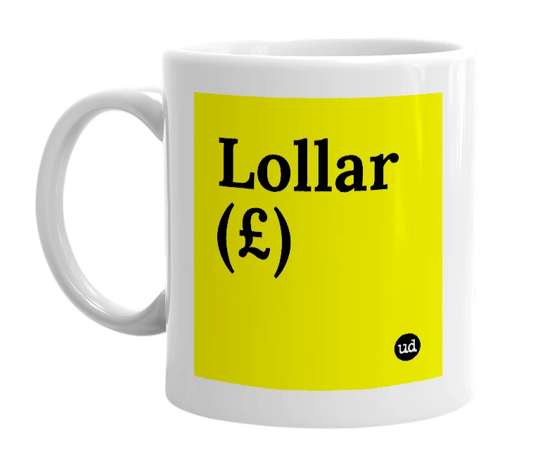 White mug with 'Lollar (£)' in bold black letters