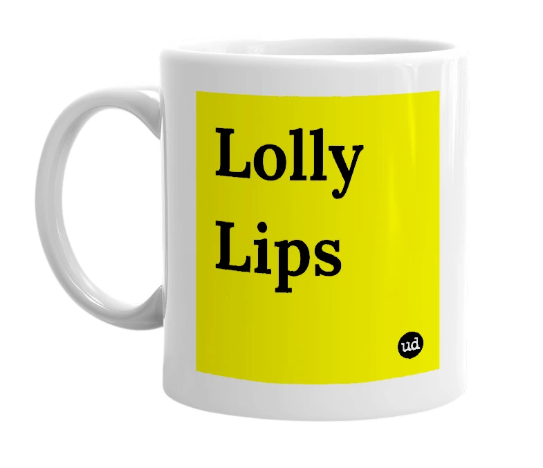 White mug with 'Lolly Lips' in bold black letters