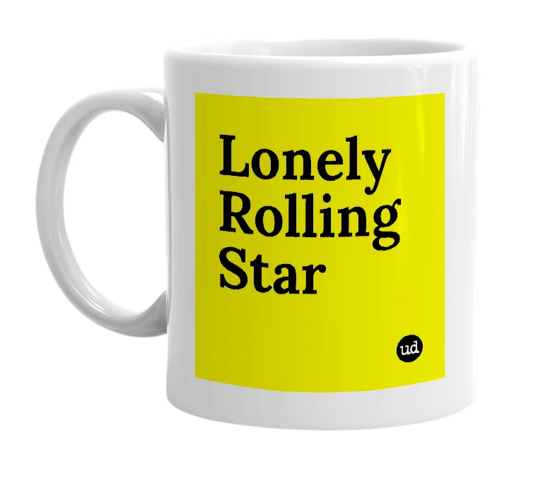 White mug with 'Lonely Rolling Star' in bold black letters