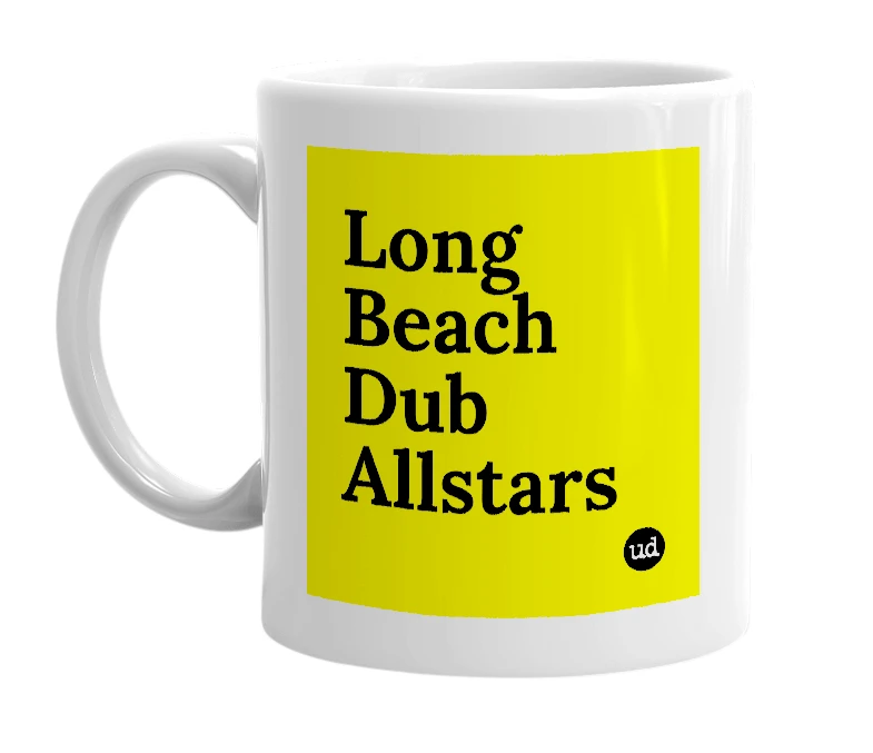 White mug with 'Long Beach Dub Allstars' in bold black letters