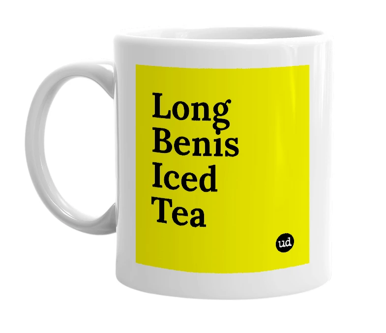 White mug with 'Long Benis Iced Tea' in bold black letters