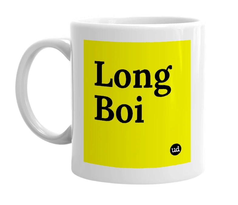 White mug with 'Long Boi' in bold black letters