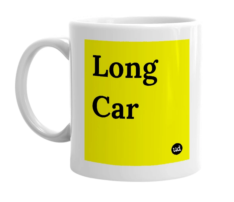 White mug with 'Long Car' in bold black letters