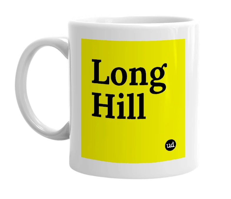 White mug with 'Long Hill' in bold black letters