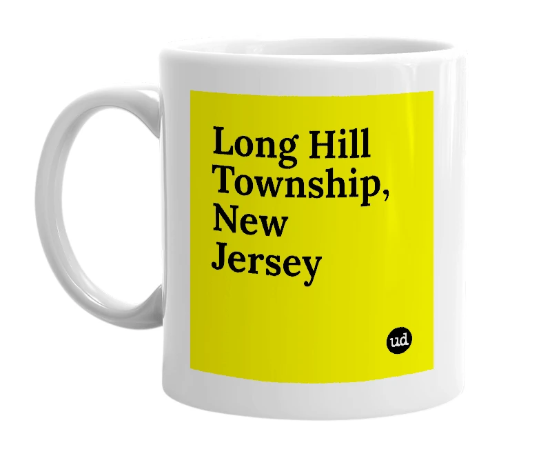 White mug with 'Long Hill Township, New Jersey' in bold black letters