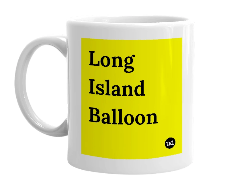 White mug with 'Long Island Balloon' in bold black letters