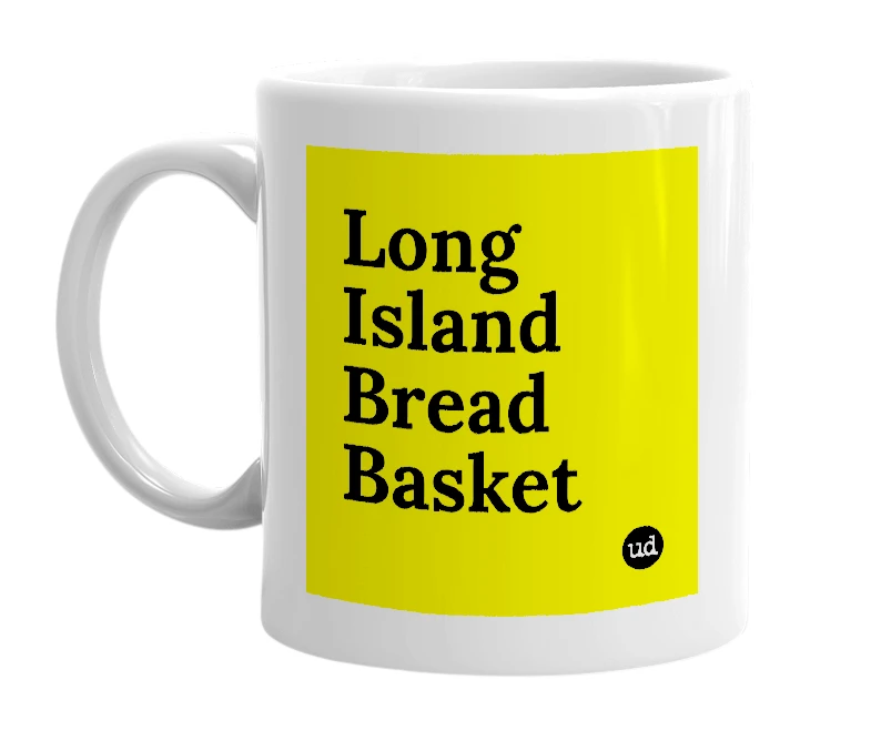 White mug with 'Long Island Bread Basket' in bold black letters