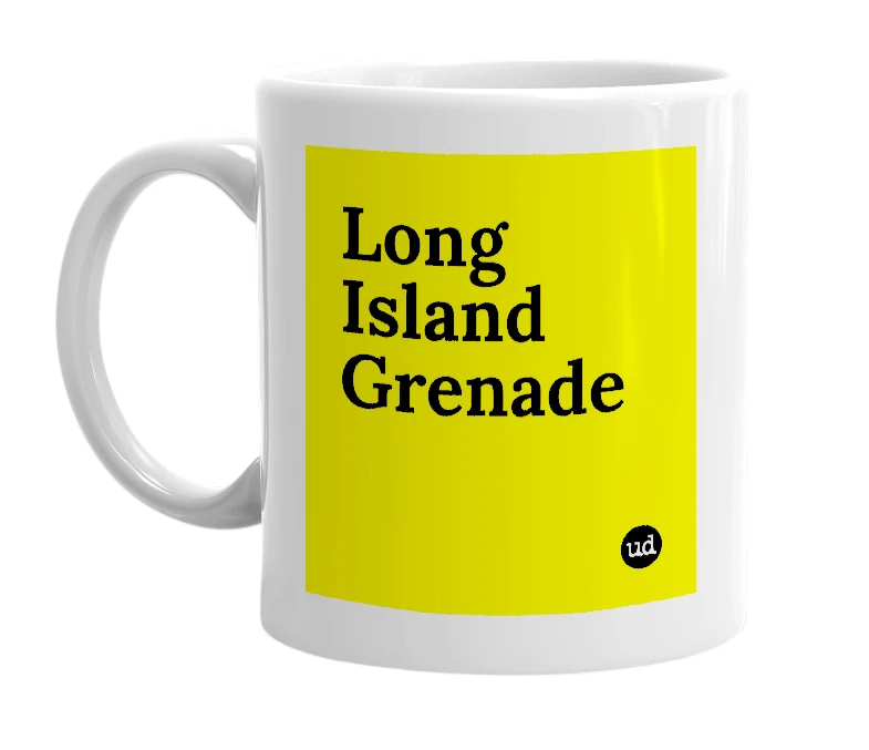 White mug with 'Long Island Grenade' in bold black letters