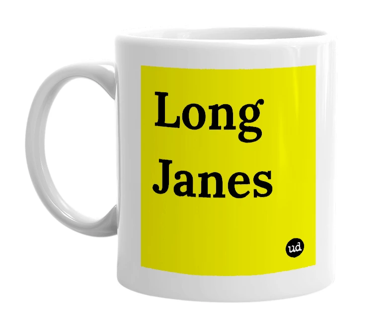 White mug with 'Long Janes' in bold black letters
