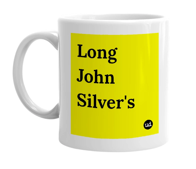 White mug with 'Long John Silver's' in bold black letters