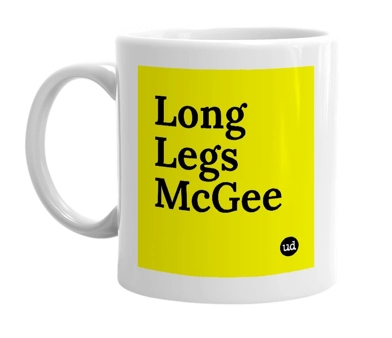 White mug with 'Long Legs McGee' in bold black letters