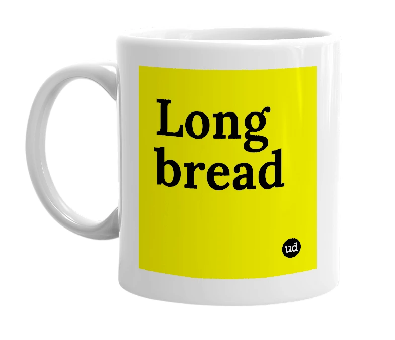 White mug with 'Long bread' in bold black letters