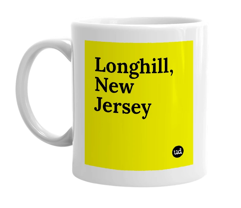 White mug with 'Longhill, New Jersey' in bold black letters
