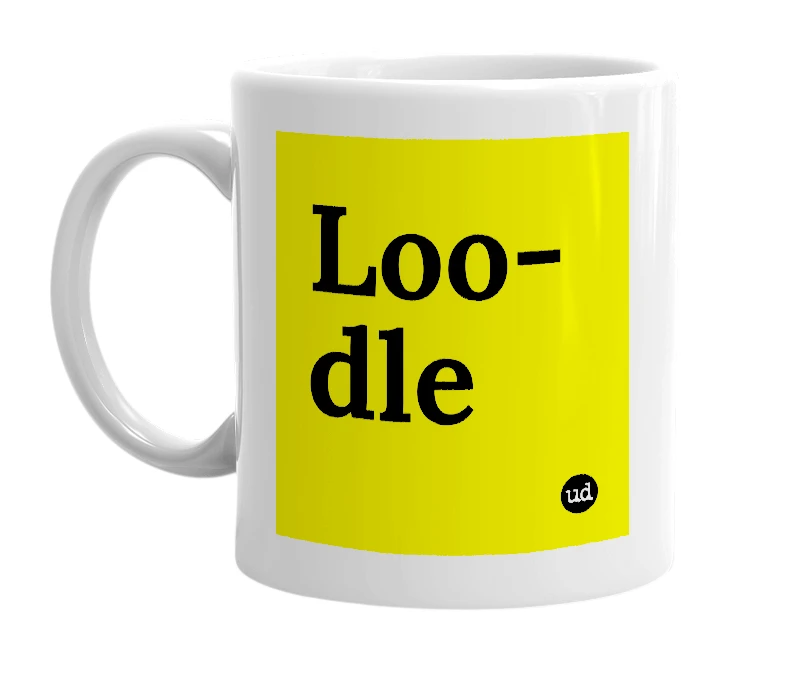 White mug with 'Loo-dle' in bold black letters