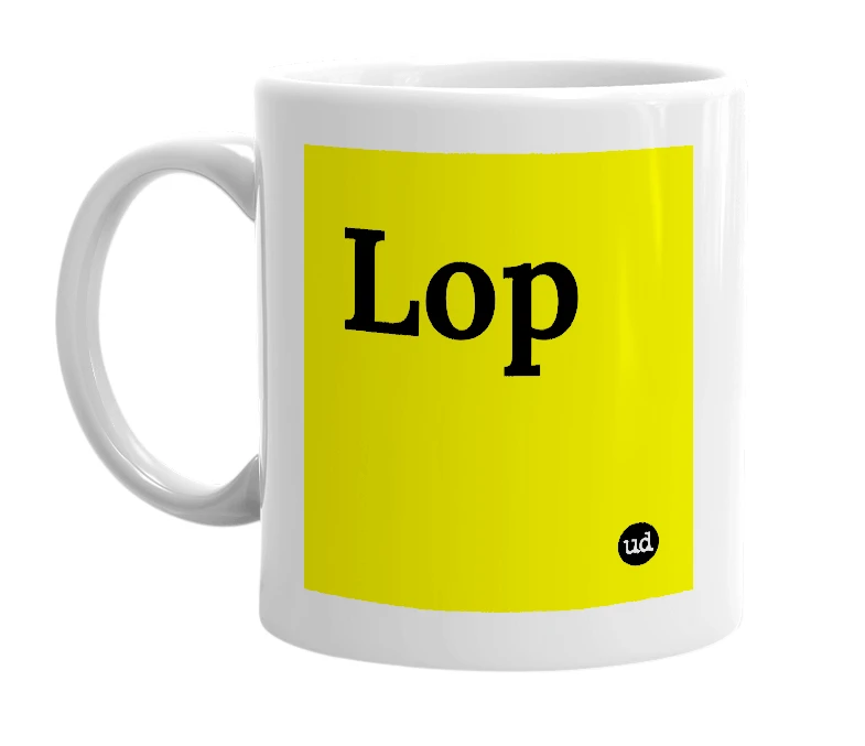 White mug with 'Lop' in bold black letters