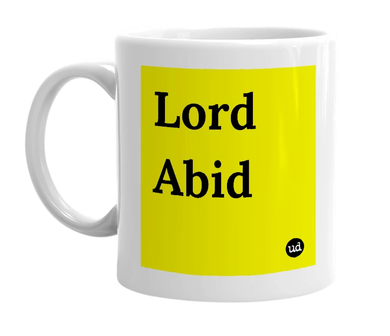 White mug with 'Lord Abid' in bold black letters